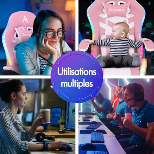 ALFORDSON Chaise Gaming Ergonomique avec LED et Repose-Pied, Rose & Blanc