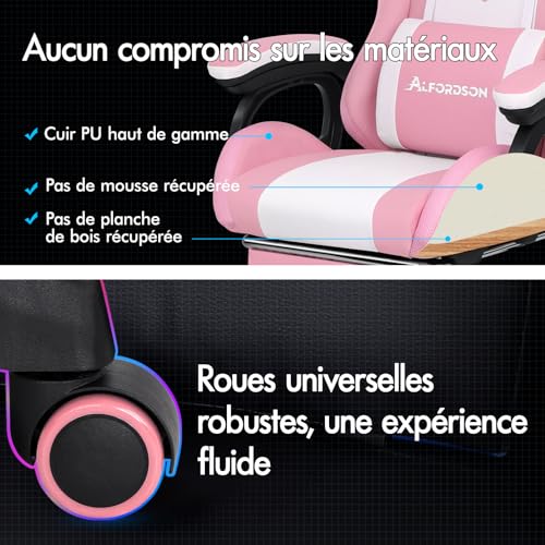 ALFORDSON Chaise Gaming Ergonomique avec LED et Repose-Pied, Rose & Blanc
