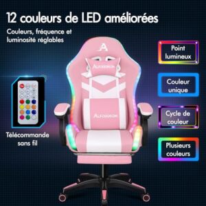 ALFORDSON Chaise Gaming Ergonomique avec LED et Repose-Pied, Rose & Blanc