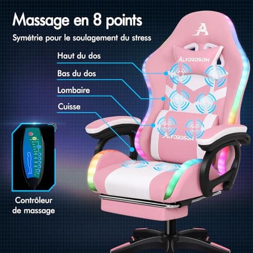 ALFORDSON Chaise Gaming Ergonomique avec LED et Repose-Pied, Rose & Blanc