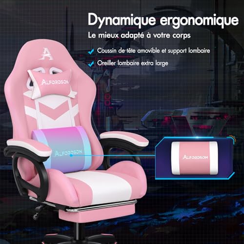 ALFORDSON Chaise Gaming Ergonomique avec LED et Repose-Pied, Rose & Blanc