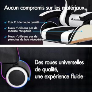 ALFORDSON Chaise de Gaming Massante Ergonomique Blanc avec Repose-Pieds