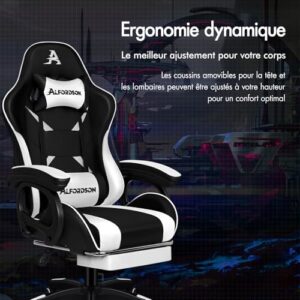 ALFORDSON Chaise de Gaming Massante Ergonomique Blanc avec Repose-Pieds