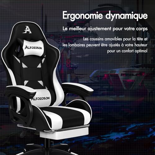 ALFORDSON Chaise de Gaming Massante Ergonomique Blanc avec Repose-Pieds
