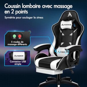 ALFORDSON Chaise de Gaming Massante Ergonomique Blanc avec Repose-Pieds