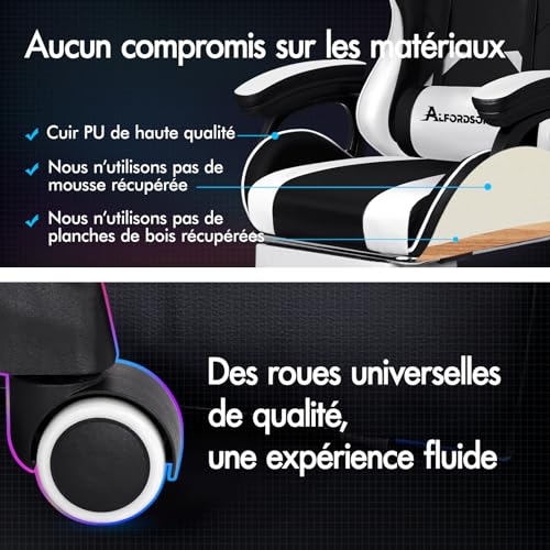 ALFORDSON Chaise de Gaming Massante Ergonomique Blanc avec Repose-Pieds