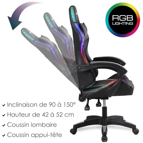 Amstrad AMS-900-LED-GAMER : Fauteuil Gaming Noir et Gris avec Éclairage LED