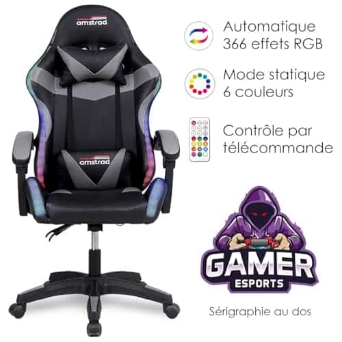 Amstrad AMS-900-LED-GAMER : Fauteuil Gaming Noir et Gris avec Éclairage LED