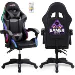 Amstrad AMS-900-LED-GAMER : Fauteuil Gaming Noir et Gris avec Éclairage LED