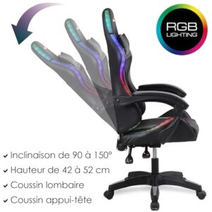 Amstrad AMS-900-LED-TIGER : Fauteuil Gaming Noir et Gris avec Éclairage LED