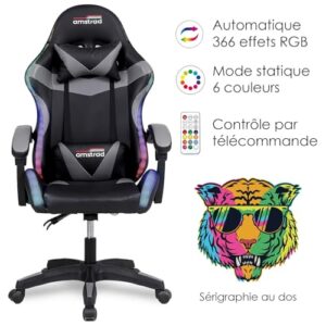 Amstrad AMS-900-LED-TIGER : Fauteuil Gaming Noir et Gris avec Éclairage LED