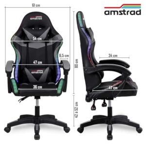 Amstrad AMS-900-LED-TOP1 : Fauteuil Gaming Noir et Gris avec Éclairage LED