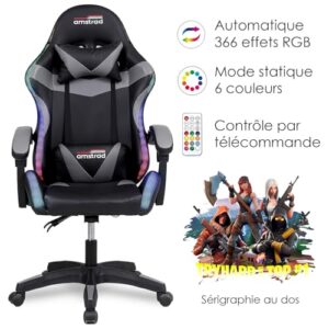 Amstrad AMS-900-LED-TOP1 : Fauteuil Gaming Noir et Gris avec Éclairage LED