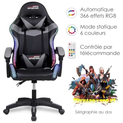 Amstrad AMS-900-LED-TOP1 : Fauteuil Gaming Noir et Gris avec Éclairage LED