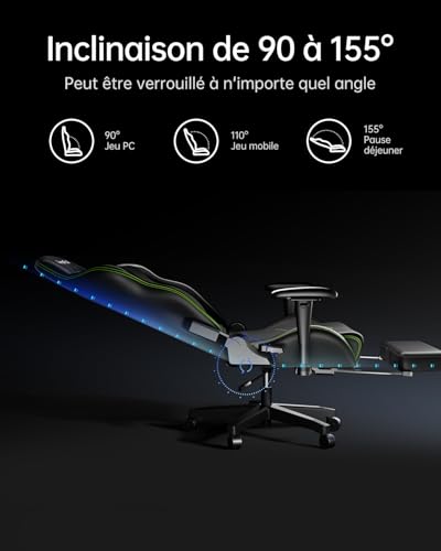 AutoFull Chaise Gaming Ergonomique Noir avec Repose-Pieds et Appui-tête