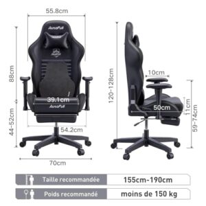 AutoFull Chaise Gaming Ergonomique Noir avec Repose-Pieds et Appui-tête