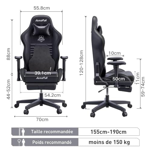 AutoFull Chaise Gaming Ergonomique Noir avec Repose-Pieds et Appui-tête