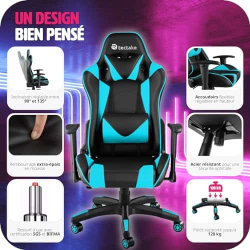 Chaise Gaming TecTake® Ergonomique avec Accoudoirs et Coussins – Noir/Azur