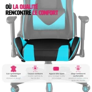 Chaise Gaming TecTake® Ergonomique avec Accoudoirs et Coussins – Noir/Azur