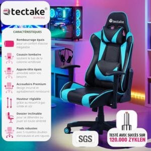 Chaise Gaming TecTake® Ergonomique avec Accoudoirs et Coussins – Noir/Azur
