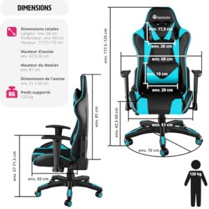 Chaise Gaming TecTake® Ergonomique avec Accoudoirs et Coussins – Noir/Azur