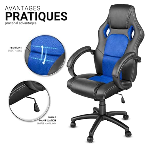 Chaise de Bureau Racing Ergonomique TRESKO – Inclinable Noir/Bleu avec Accoudoirs