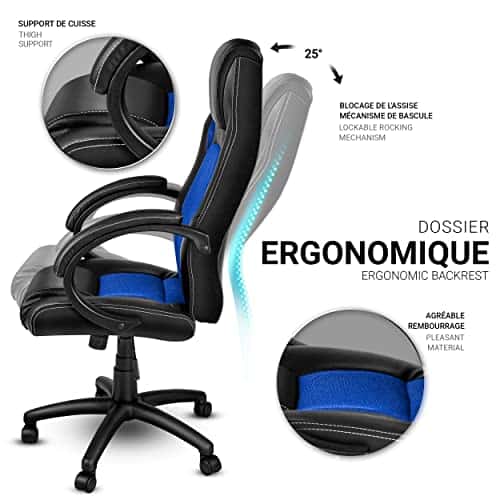 Chaise de Bureau Racing Ergonomique TRESKO – Inclinable Noir/Bleu avec Accoudoirs