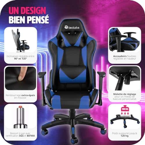Chaise Gaming TecTake® Ergonomique Noir/Bleu avec Coussin Lombaire et Accoudoirs
