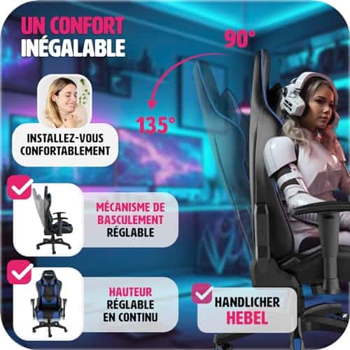 Chaise Gaming TecTake® Ergonomique Noir/Bleu avec Coussin Lombaire et Accoudoirs