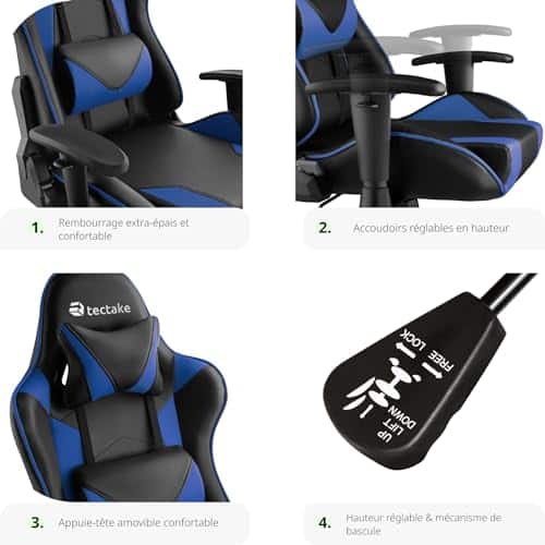 Chaise Gaming TecTake® Ergonomique Noir/Bleu avec Coussin Lombaire et Accoudoirs
