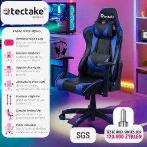 Chaise Gaming TecTake® Ergonomique Noir/Bleu avec Coussin Lombaire et Accoudoirs