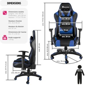 Chaise Gaming TecTake® Ergonomique Noir/Bleu avec Coussin Lombaire et Accoudoirs