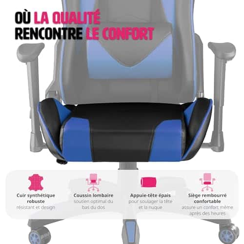 Chaise Gaming TecTake® Ergonomique Noir/Bleu avec Coussin Lombaire et Accoudoirs