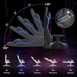 Yaheetech Chaise de Gaming Ergonomique Réglable Noir/Bleu avec Dossier Inclinable 180°