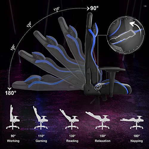 Yaheetech Chaise de Gaming Ergonomique Réglable Noir/Bleu avec Dossier Inclinable 180°