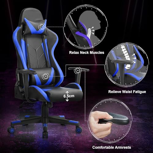 Yaheetech Chaise de Gaming Ergonomique Réglable Noir/Bleu avec Dossier Inclinable 180°