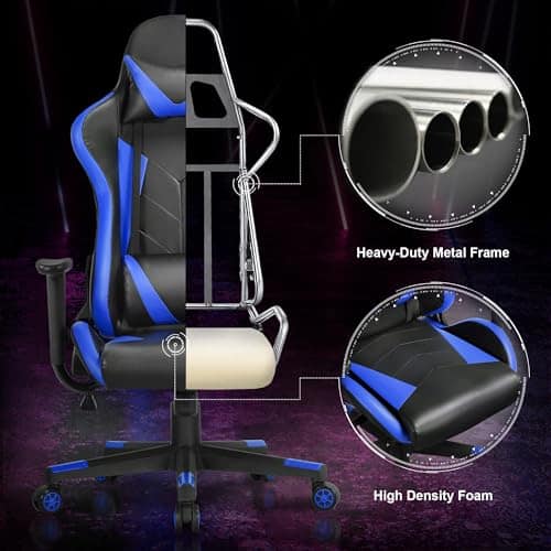 Yaheetech Chaise de Gaming Ergonomique Réglable Noir/Bleu avec Dossier Inclinable 180°