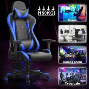 Yaheetech Chaise de Gaming Ergonomique Réglable Noir/Bleu avec Dossier Inclinable 180°
