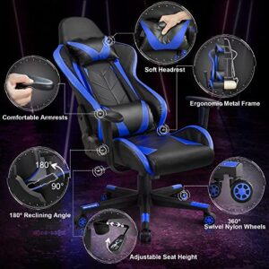 Yaheetech Chaise de Gaming Ergonomique Réglable Noir/Bleu avec Dossier Inclinable 180°