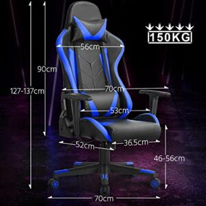 Yaheetech Chaise de Gaming Ergonomique Réglable Noir/Bleu avec Dossier Inclinable 180°