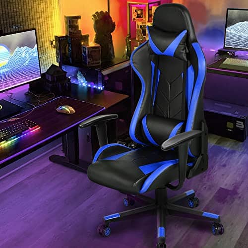 Yaheetech Chaise de Gaming Ergonomique Réglable Noir/Bleu avec Dossier Inclinable 180°