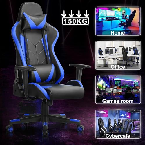 Yaheetech Chaise de Gaming Ergonomique Réglable Noir/Bleu avec Dossier Inclinable 180°