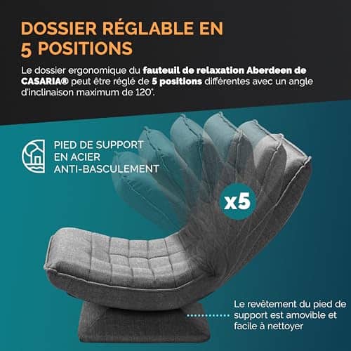 Casaria® Fauteuil Tout Confort Pivotant 360° Gris – Siège de Gaming 150kg