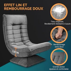 Casaria® Fauteuil Tout Confort Pivotant 360° Gris – Siège de Gaming 150kg