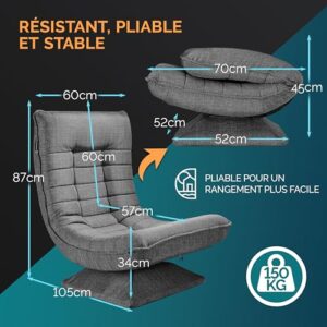 Casaria® Fauteuil Tout Confort Pivotant 360° Gris – Siège de Gaming 150kg