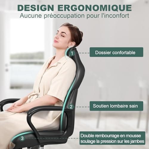 Chaise Bureau Ergonomique BASTETBL avec Dossier Inclinable et Support Lombaire Noir