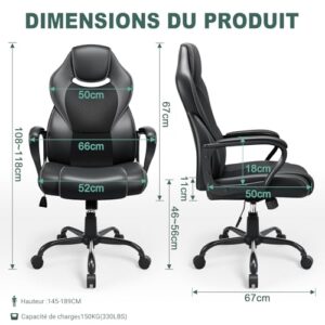 Chaise Bureau Ergonomique BASTETBL avec Dossier Inclinable et Support Lombaire Noir