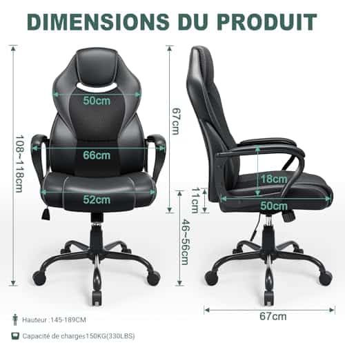 Chaise Bureau Ergonomique BASTETBL avec Dossier Inclinable et Support Lombaire Noir