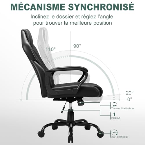 Chaise Bureau Ergonomique BASTETBL avec Dossier Inclinable et Support Lombaire Noir
