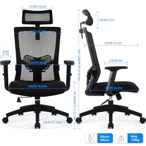 Chaise Bureau Ergonomique Daccormax avec Accoudoirs et Appui-Tête Ajustable